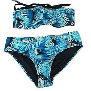 NWOT 2 piece blue & black palm print w/black lining no size guessing it’s a L